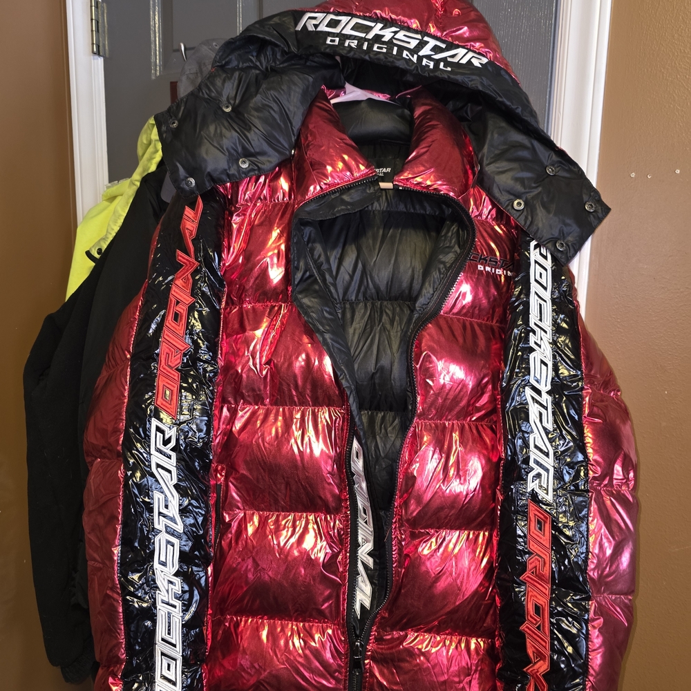 Rockstar Original Men's Shiny Red and Black Puffer Jacket - Picture 2 of 7